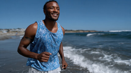 Fototapeta premium A joyful man runs along the beach, embodying liveliness and freedom, as sunlight dances on the water, illustrating the essence of vitality and connection with nature.