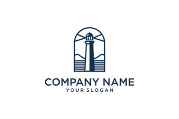 Lighthouse, Beacon logo icon. Vector Illustration. Modern linear simple logotype template. Lighthouses and ocean waves.