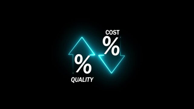 Quality and cost control concept on transparent background. Successful organization strategy and management quality control. Percentage icon of quality with up arrow and cost with down arrow.