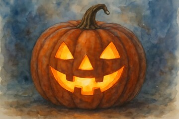 Obraz premium Spooky glowing jack o lantern pumpkin with carved face illuminated from within on a dark textured background