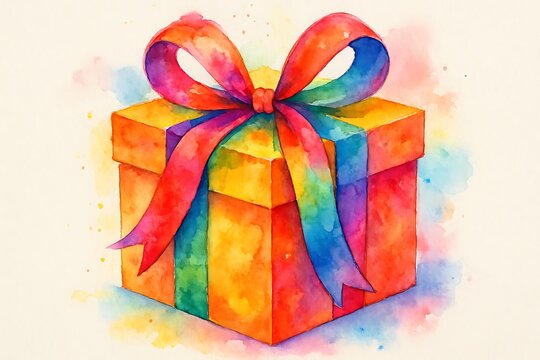 Vibrant watercolor gift box with a rainbow ribbon tied in a bow perfect for celebrations