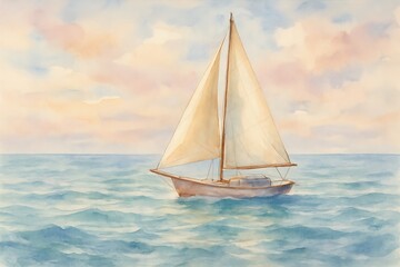 Fototapeta premium Serene sailboat glides across calm ocean waters under a soft pastel sky at sunrise or sunset