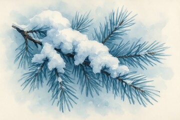 Close up of a snow covered pine branch with soft blue needles and a light background