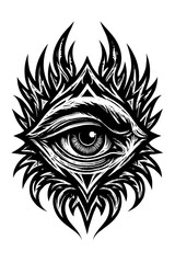 Obraz premium Intricate All-Seeing Eye of Providence Vector Art, a Mystical Esoteric Symbol of Divine Wisdom, Vigilance & Enlightenment. Detailed Black & White Graphic with Tribal Flames for Tattoos, Occult, Sp