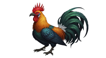 Fototapeta premium Colorful rooster with red comb and green tail stands on white background.