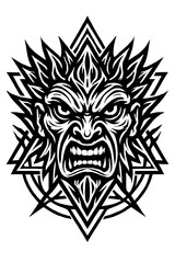 Fototapeta premium Black and white aggressive monster face, tribal design with bared teeth and intense eyes, framed by geometric patterns. Perfect for heavy metal, tattoo, dark fantasy, occult art, gaming, symbolizi