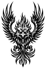 Obraz premium Dynamic Black & White Phoenix Eagle Vector: Majestic Mythical Firebird Art with Broad Spread Wings and Fierce Gaze, an Intricate Tribal Featherwork Symbolizing Power, Rebirth and Enduring Strength