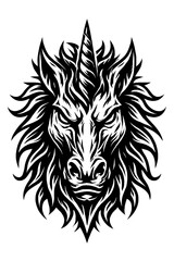 Fototapeta premium Powerful Dark Unicorn Head Vector Art: A Fierce, Stylized Mythical Beast with Majestic Horn, Intense Gaze & Dynamic Mane, perfect for fantasy designs, gaming logos, apparel & aggressive tattoo aes