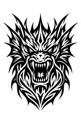 Fototapeta premium Fierce Tribal Dragon Head Roaring Tattoo Design, Stylized Mythical Monster Artwork with Sharp Teeth, Aggressive Black and White Graphic Illustration, Powerful Fantasy Beast Symbol Vector Art.