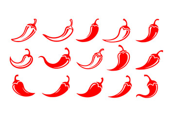 Obraz premium set of Chili Pepper Icons Collection: Simple Red Silhouette Style, Different Shapes, Spicy, Hot Food, Cooking, Cuisine, Mexican, Ingredient.