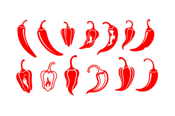 Obraz premium set of Chili Pepper Icons Collection: Simple Red Silhouette Style, Different Shapes, Spicy, Hot Food, Cooking, Cuisine, Mexican, Ingredient.