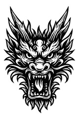 Majestic Eastern Dragon Head: A Fierce, Intricate Black and White Vector Art, ideal for Fantasy Tattoo Designs, Gaming Logos, and Mythical Art. Captures the Raw Power, Spirit, and Legend of Ancien