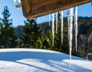 Icicles Hanging from Roof in Winter Landscape with Snowy Background
