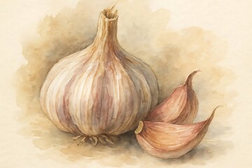 Obraz premium A single bulb of fresh garlic with two cloves on a soft textured light beige background