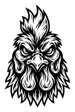 Angry rooster head illustration, black and white vector art, with an aggressive look, stylized feathers, strong beak, and intense eyes. This powerful design is perfect for modern logos, sports mas