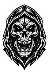 Intense Grim Reaper Skull in Hooded Cloak: Menacing Black & White Vector Illustration for Dark Fantasy, Gothic, Horror, Tattoo Designs, Heavy Metal Art. An Edgy, Chilling, Macabre, Sinister, Spook