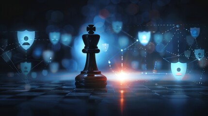 Lone King Chess Piece Stands Guard Amidst Digital Shields and Networked Security.
