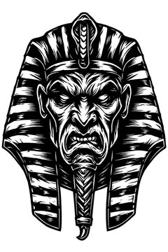 Black and White Angry Monstrous Egyptian Pharaoh Mask Illustration with a Terrifying Face, Evoking Cursed Mummy Spirits. This Dark, Ancient Mythology-inspired Design Captures Supernatural Horror a