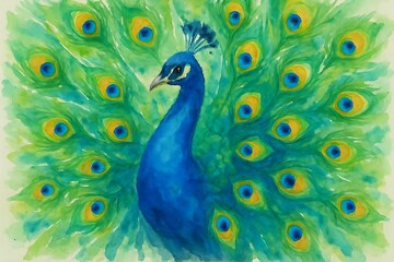 Obraz premium Vibrant watercolor painting of a majestic peacock displaying its stunning iridescent blue and green tail feathers