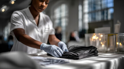 An attentive staff member folding linens at an event, showing the behind-the-scenes effort that contributes to a refined and stylish social gathering.