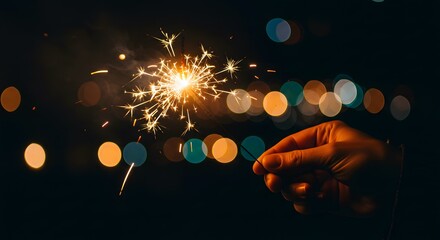 Hand holding sparkler during nighttime celebration with bokeh lights  