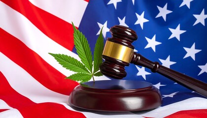 A gavel rests on a sound block with a cannabis leaf against the backdrop of the American flag