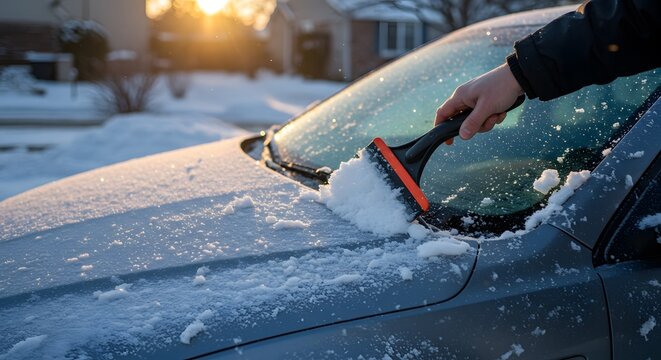 Person scraping snow off car windshield during winter sunset  