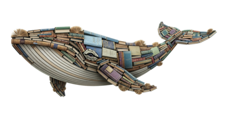 Whale sculpture made of books on a white background.
