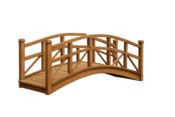 Wooden arched footbridge creating connection on transparent background