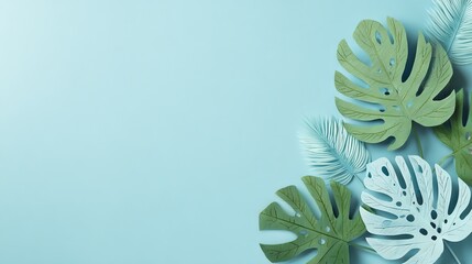 Minimalistic composition with a few large tropical leaves on pastel background, providing a clean modern look for editorial design, social media banners, and product showcase templates
