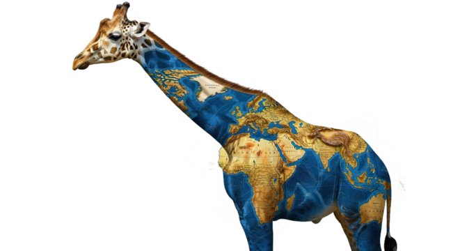 Giraffe with world map texture on its body against a white background.