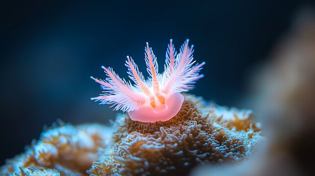 A delicate pink nudibranch with feathery cerata rests on a coral