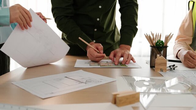 Professional engineer measuring the blueprint. Professional engineer working architectural project at studio on a table with yellow helmet and architectural equipment scatter around. Delineation.
