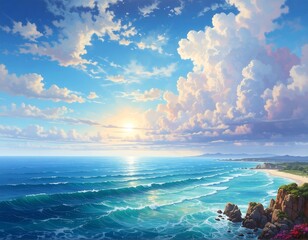 Panoramic coastal landscape with a vibrant sky