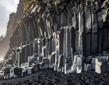 Icelandic basalt columns along a black sand beach