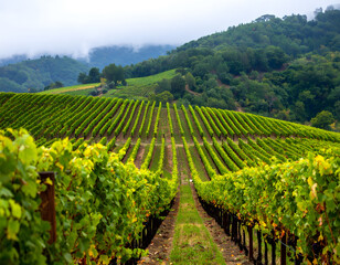 Obraz premium Scenic Vineyard Landscape with Lush Green Grapevines and Hills