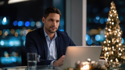 Confident Businessman Working Late at Office Desk During Festive Season
