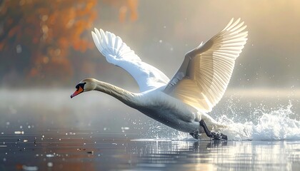 A majestic swan takes flight, wings fully extended above a misty lake at sunrise, splashing water. Fall foliage adds warm colors