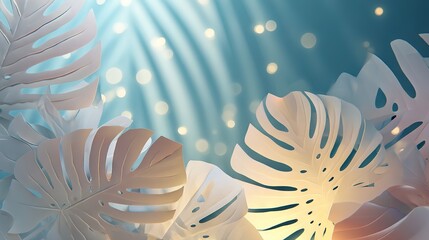 Tropical leaves with paper-cut silhouettes and sunlight rays, dreamy composition ideal for summer event posters, vacation promotions, and elegant tropical branding designs
