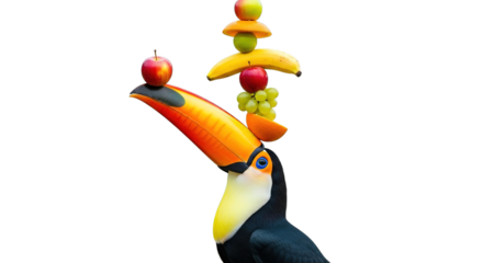 Toucan bird balancing fruit on its beak and head against white background.