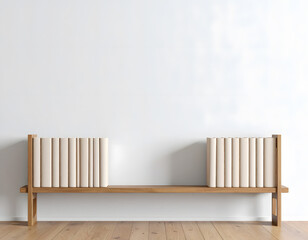 Minimalistic Wooden Shelf with Blank Books on a White Wall
