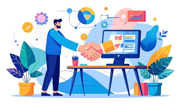 Business collaboration. A handshake between people, digital interface, and office setting