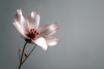 Fototapeta premium Delicate Cosmos Flower in Soft Focus Against a Gray Background, Minimalist Aesthetic.