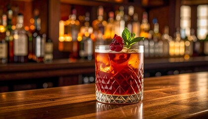 A cocktail garnished with berries and mint