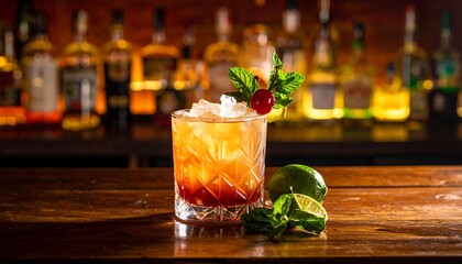 A cocktail with ice, garnished with cherries and mint, sits on a wooden bar