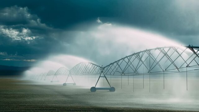 Dramatic view of an automated pivot irrigation system watering a field under a cloudy sky.