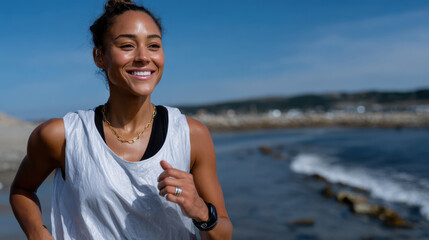 A joyful woman runs alongside the beach, enjoying the sun and sea. She exudes happiness and vitality, capturing the spirit of outdoor fitness and healthy living.