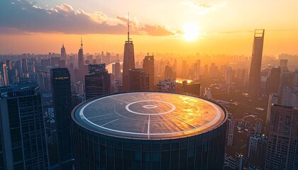 Modern city view with helipad on the rooftop of a tall building