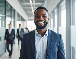 Confident businessman smiles in office hallway