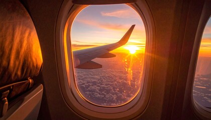 Fototapeta premium Passenger's point of view looking out the airplane window, golden orange sky